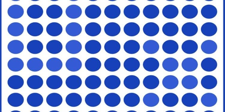 Desafio visual com um padrão repetitivo de círculos em tons diferentes de azul formando linhas e colunas em fundo branco.