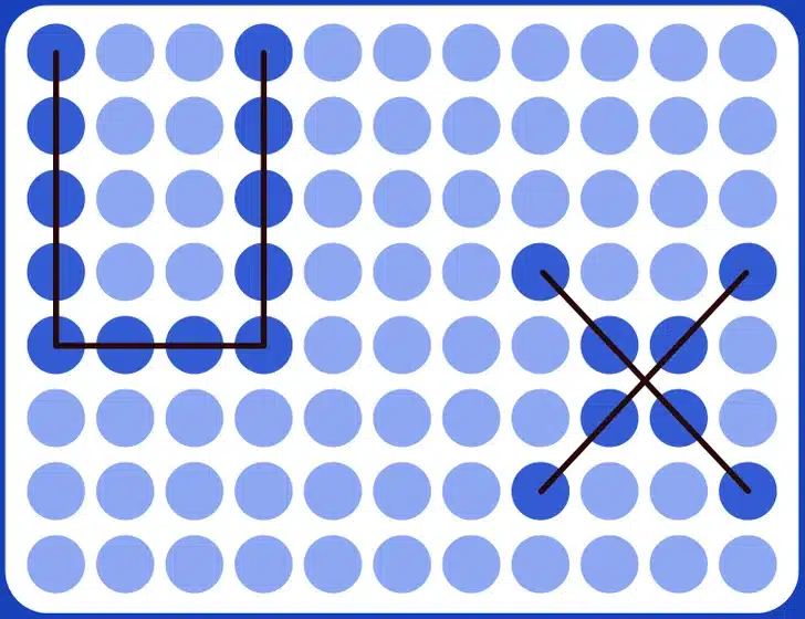 Encontre as letras U e X neste padrão de círculos azuis em tons variados Desafio visual com um padrão repetitivo de círculos em tons diferentes de azul formando linhas e colunas em fundo branco.