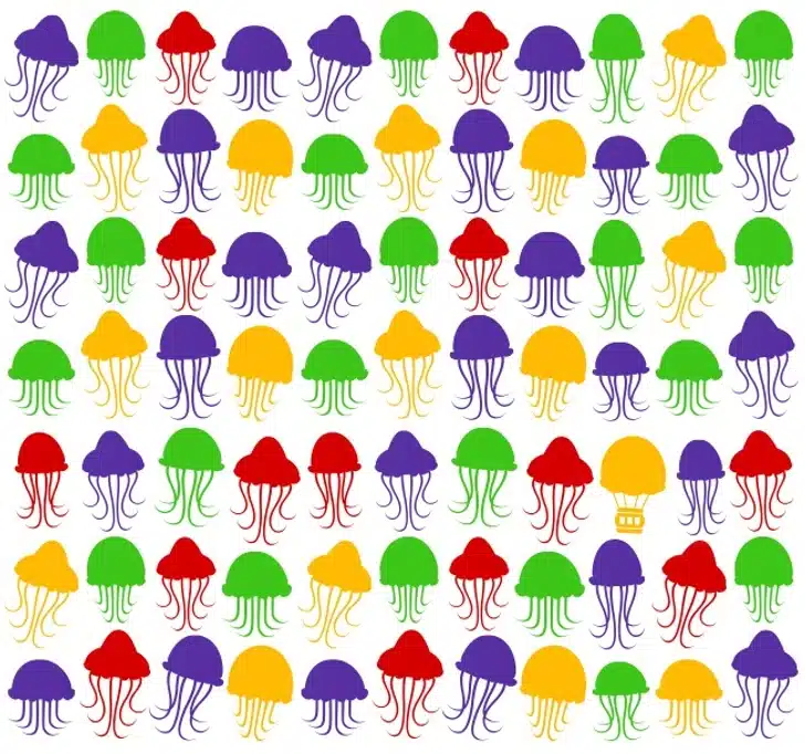 Desafio visual com padrão de ilustrações coloridas de águas-vivas em vermelho, verde, amarelo e roxo.