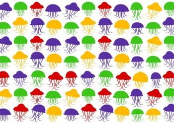 Desafio visual com padrão de ilustrações coloridas de águas-vivas em vermelho, verde, amarelo e roxo.