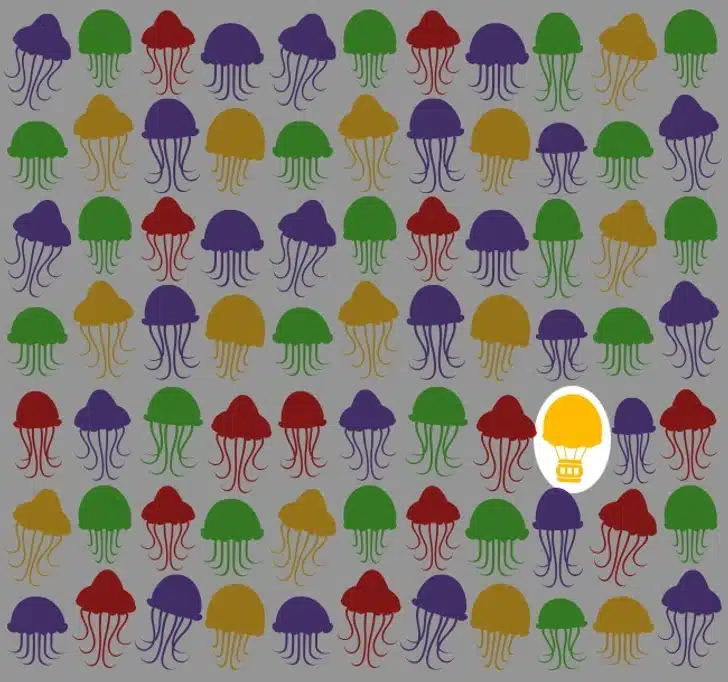 Desafio visual com padrão de ilustrações coloridas de águas-vivas em vermelho, verde, amarelo e roxo.