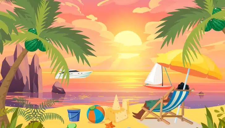 Desafio visual com uma praia tropical ao pôr do sol com cadeira, guarda-sol amarelo, castelo de areia e brinquedos coloridos