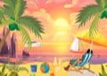 Desafio visual com uma praia tropical ao pôr do sol com cadeira, guarda-sol amarelo, castelo de areia e brinquedos coloridos