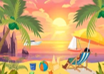 Desafio visual com uma praia tropical ao pôr do sol com cadeira, guarda-sol amarelo, castelo de areia e brinquedos coloridos