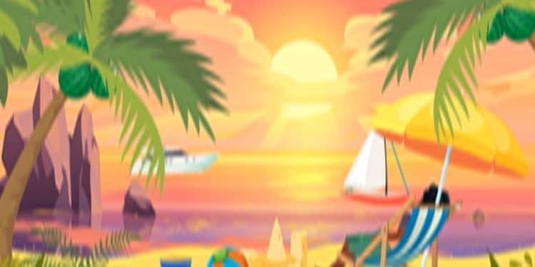 Desafio visual com uma praia tropical ao pôr do sol com cadeira, guarda-sol amarelo, castelo de areia e brinquedos coloridos
