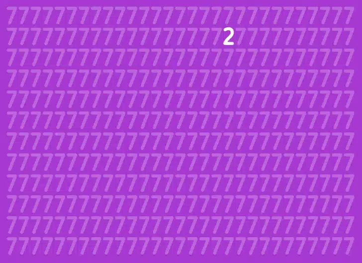 Desafio visual com vários números 7 brancos e um número 2 escondido entre eles