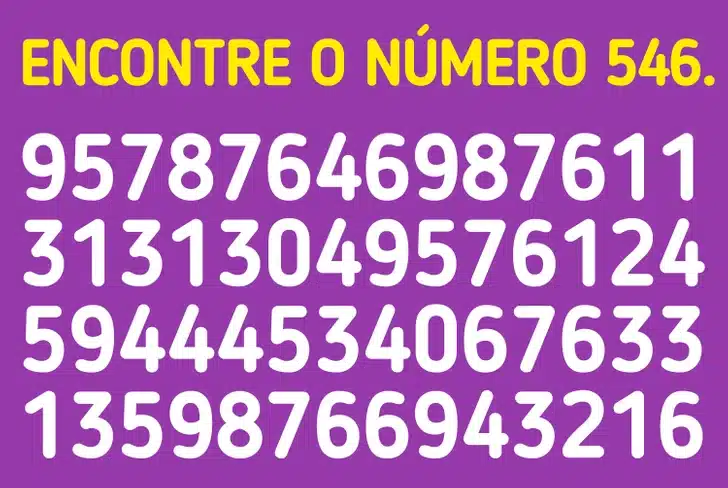 Desafio visual para encontrar o número 546 entre diversas sequências numéricas em fundo roxo