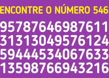 Desafio visual para encontrar o número 546 entre diversas sequências numéricas em fundo roxo