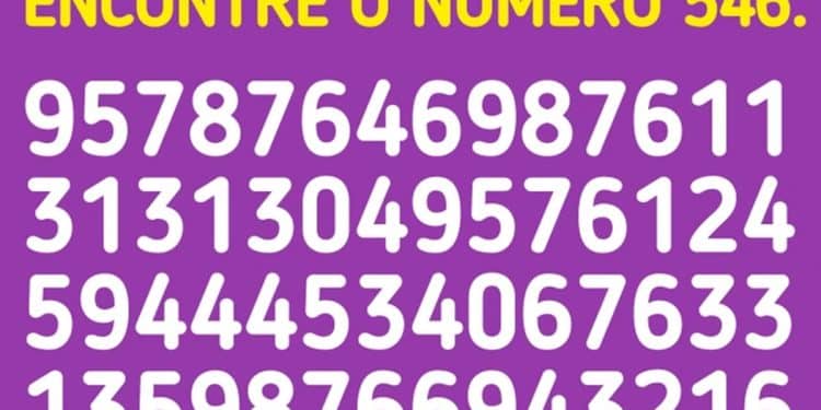 Desafio visual para encontrar o número 546 entre diversas sequências numéricas em fundo roxo
