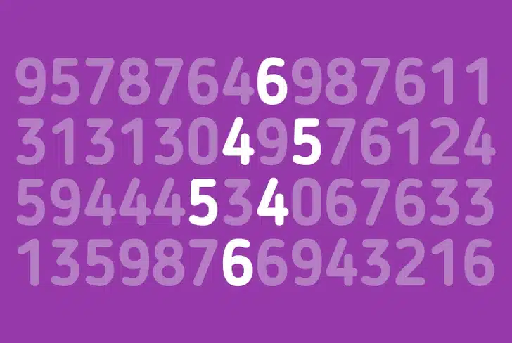 Desafio visual para encontrar o número 546 entre diversas sequências numéricas em fundo roxo