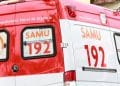Ambulância do Serviço de Atendimento Móvel de Urgência SAMU 192 com logo e número visíveis.