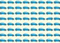 Muitos carros azuis idênticos alinhados com um carro diferente destacado por círculo vermelho.