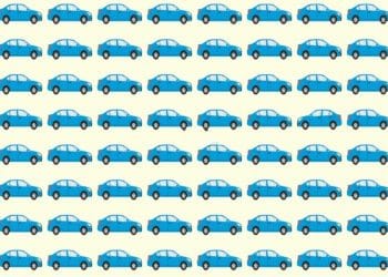 Muitos carros azuis idênticos alinhados com um carro diferente destacado por círculo vermelho.