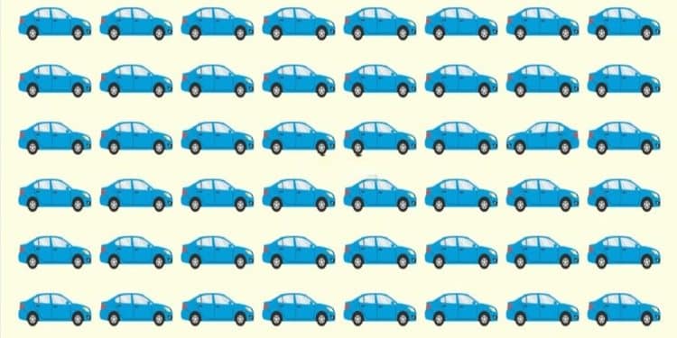 Muitos carros azuis idênticos alinhados com um carro diferente destacado por círculo vermelho.