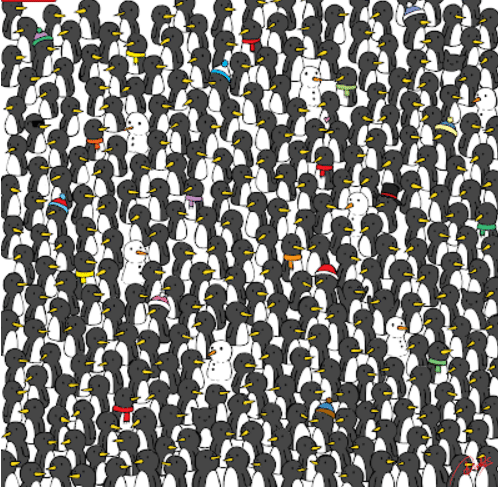 Ilustração com muitos pinguins pretos e brancos e bonecos de neve escondidos entre eles.
