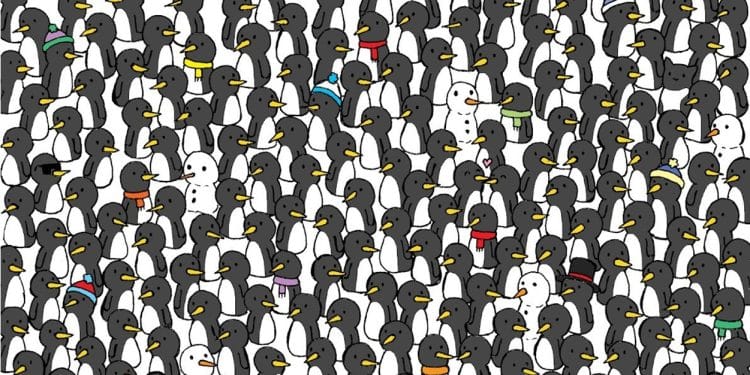 Ilustração com muitos pinguins pretos e brancos e bonecos de neve escondidos entre eles.