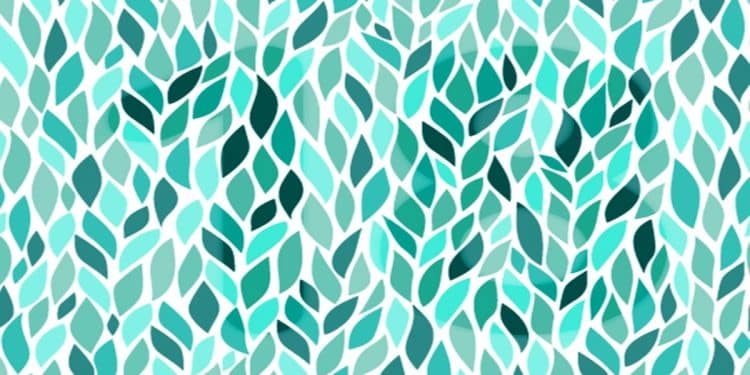 Ilusão de ótica em um padrão abstrato com folhas azuis e verdes entrelaçadas sobre fundo branco
