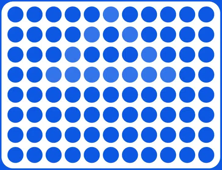 Encontre o triângulo camuflado nesta ilusão visual com pontos azuis organizados em linhas e colunas. Ilusão de ótica com um padrão gráfico mostrando pontos azuis em tons variados sobre fundo branco com cantos arredondados
