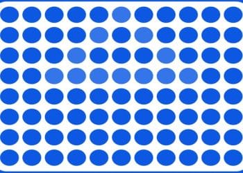 Ilusão de ótica com um padrão gráfico mostrando pontos azuis em tons variados sobre fundo branco com cantos arredondados