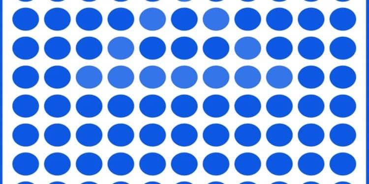 Ilusão de ótica com um padrão gráfico mostrando pontos azuis em tons variados sobre fundo branco com cantos arredondados