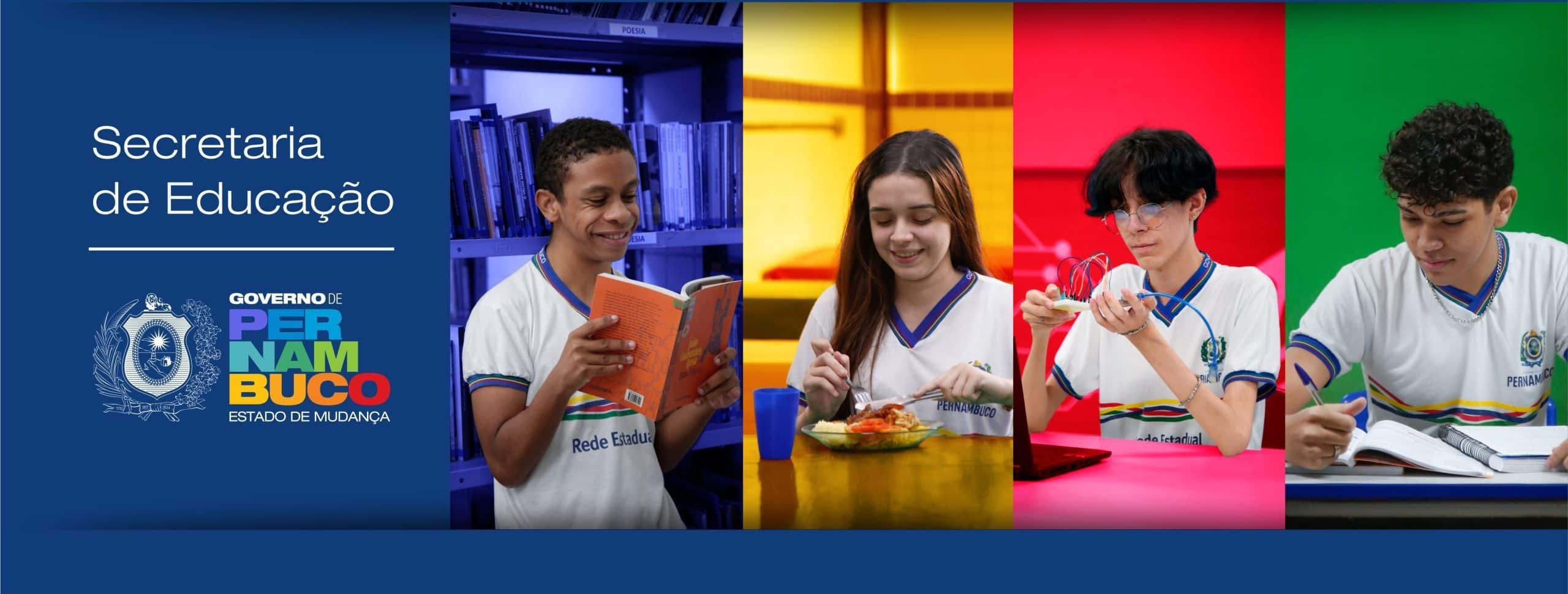 Banner da Secretaria de Educação de Pernambuco (SEE) com a logomarca do Governo e estudantes. Imagem para a divulgação das 9.891 vagas do Processo Seletivo ETE 2025.
