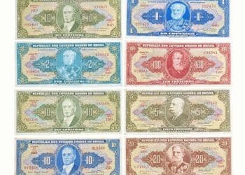 Lote de cédulas da Segunda Edição do Cruzeiro (notas antigas de 1, 2, 5, 10, 20 e 100 Cruzeiros), com destaque para a variedade de cores e séries, essenciais para a busca por erros de impressão e reposição que elevam seu valor numismático.