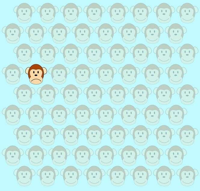 Macacos desenhados com expressões sorridentes e um macaco triste em padrão repetido azul claro.