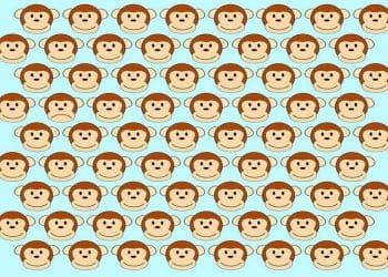 Macacos desenhados com expressões sorridentes e um macaco triste em padrão repetido azul claro.