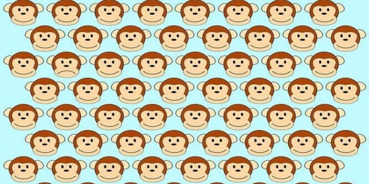 Macacos desenhados com expressões sorridentes e um macaco triste em padrão repetido azul claro.
