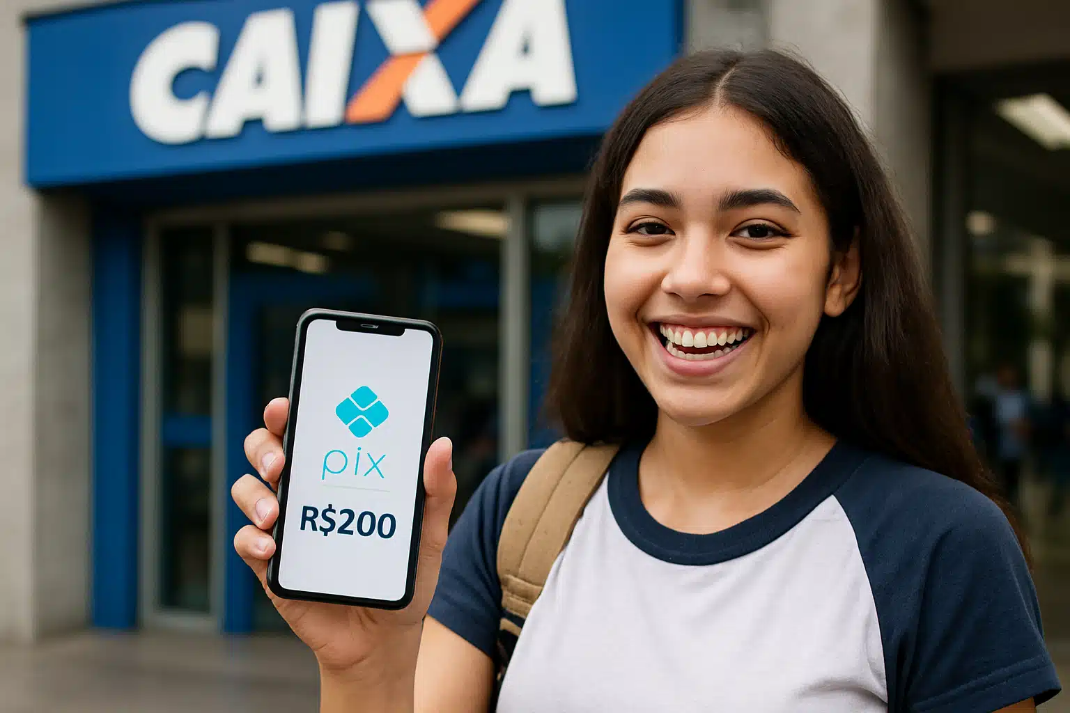 Jovem sorridente mostrando celular com imagem do Pix e valor de R$200 na frente da Caixa Econômica.