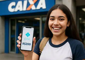 Jovem sorrindo segura celular com transferência via Pix de R$200 em frente a agência da Caixa.