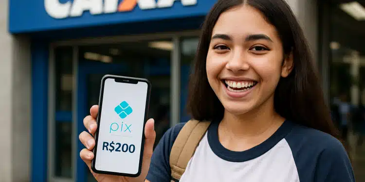 Jovem sorrindo segura celular com transferência via Pix de R$200 em frente a agência da Caixa.