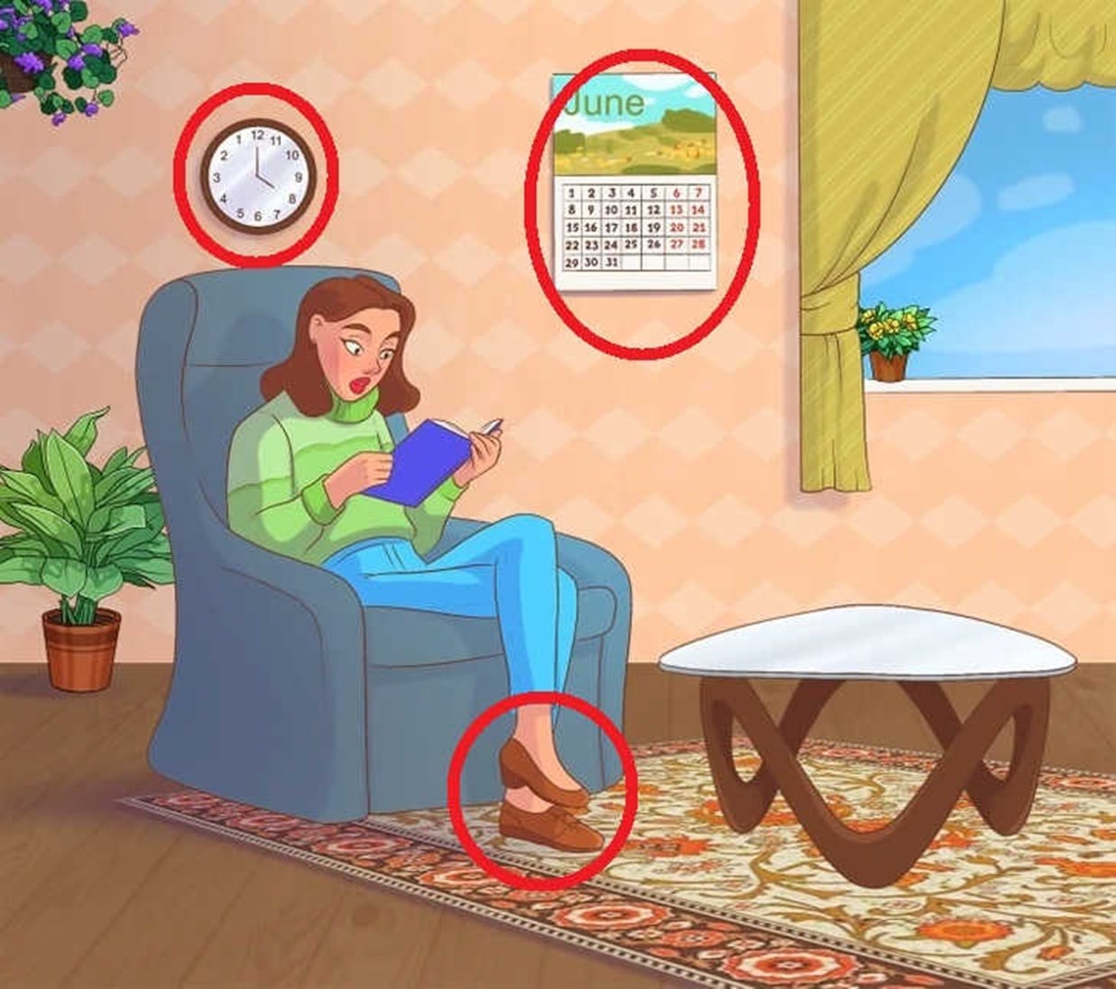 Mulher sentada em poltrona azul lendo livro com expressão surpresa em sala iluminada.