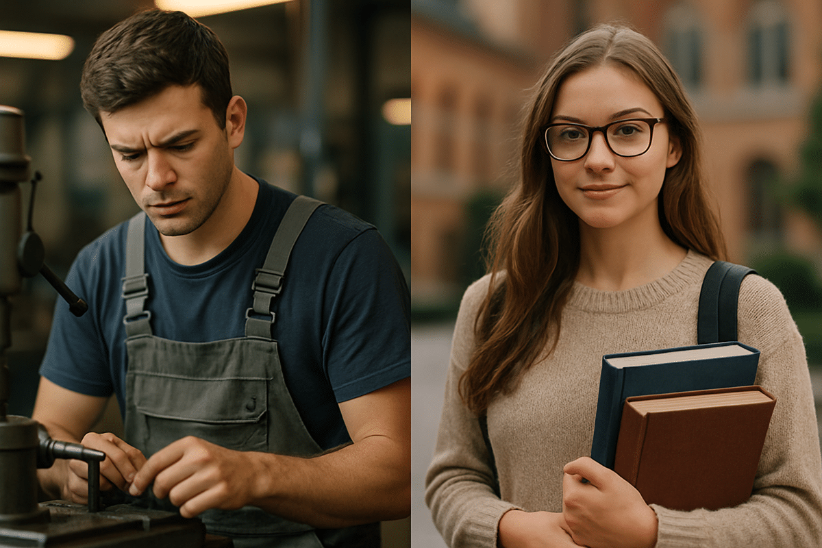 Dois jovens representam as opções de formação: um estudante de curso técnico e uma universitária com livros.