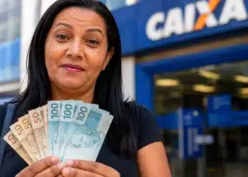 Mulher segura notas de real em frente a uma agência da Caixa, representando a solicitação do saque de R$ 6.220 do FGTS até 23 de julho.