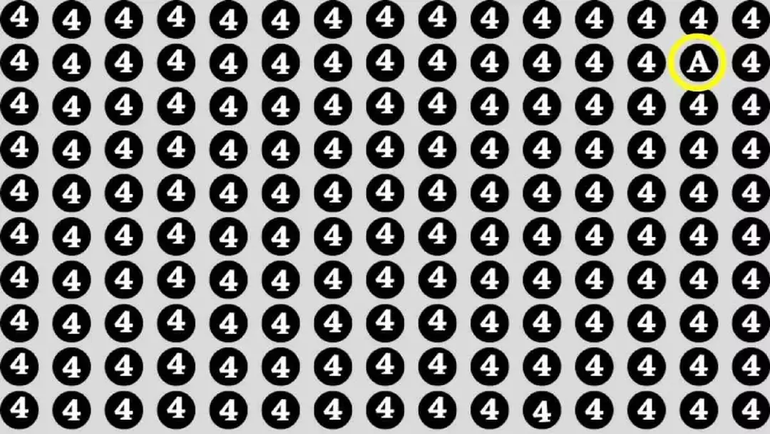 Encontre a letra A entre os círculos pretos com o número 4 em branco repetidos Teste de QI com muitos círculos pretos contendo o número 4 em branco, repetidos em padrão uniforme.