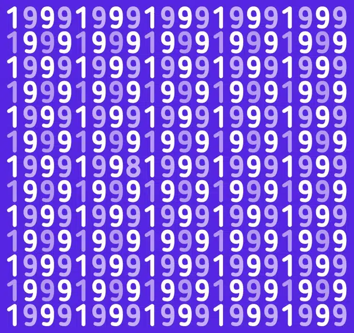 Teste de QI com vários números 1999 em branco e lilás sobre fundo azu.
