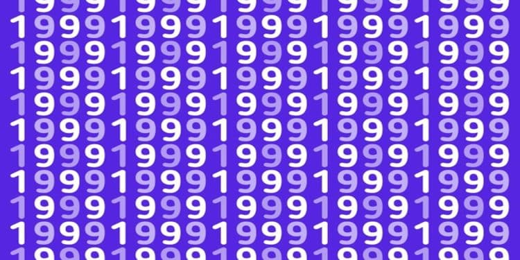 Teste de QI com vários números 1999 em branco e lilás sobre fundo azu.