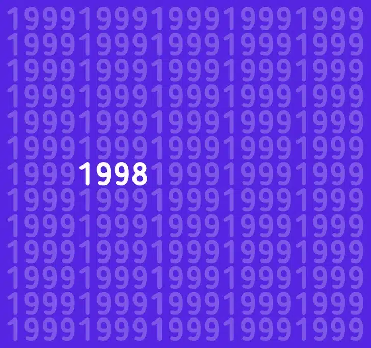 Teste de QI com vários números 1999 em branco e lilás sobre fundo azu.
