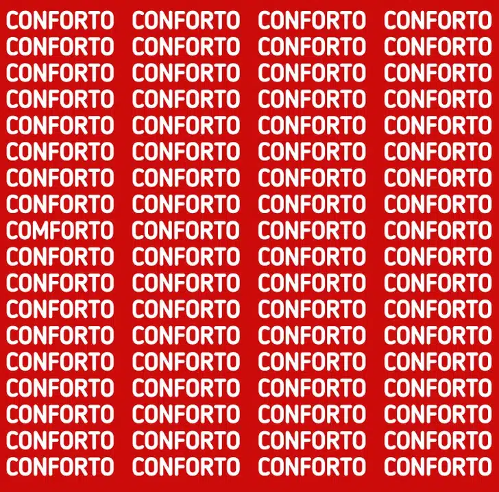 Teste visual com fundo vermelho cheio de múltiplas repetições da palavra conforto em letras maiúsculas brancas