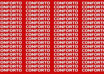 Teste visual com fundo vermelho cheio de múltiplas repetições da palavra conforto em letras maiúsculas brancas