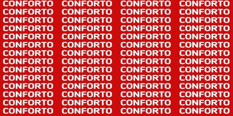 Teste visual com fundo vermelho cheio de múltiplas repetições da palavra conforto em letras maiúsculas brancas