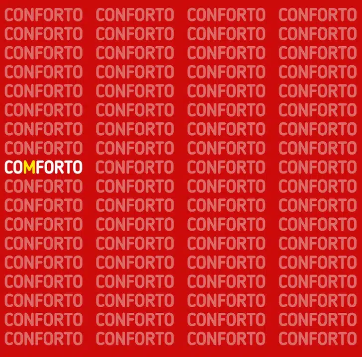 Teste visual com fundo vermelho cheio de múltiplas repetições da palavra conforto em letras maiúsculas brancas