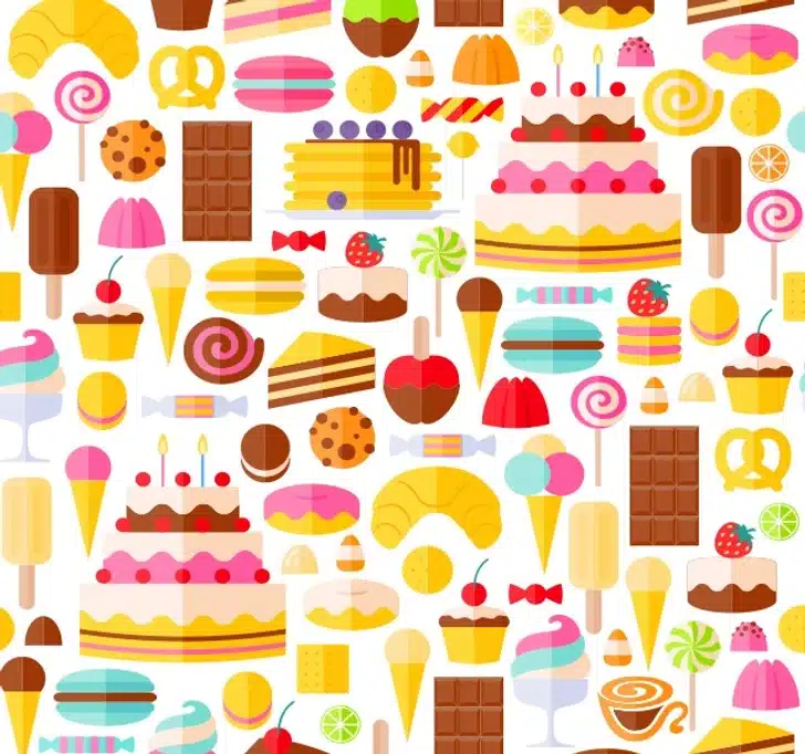 Descubra a xícara de café escondida entre a diversidade de doces e sobremesas, como bolos, chocolates e sorvetes. s Teste visual com diversos doces e sobremesas como bolo, sorvete, chocolate e cupcakes.