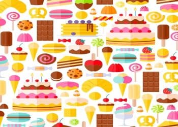 Teste visual com diversos doces e sobremesas como bolo, sorvete, chocolate e cupcakes.