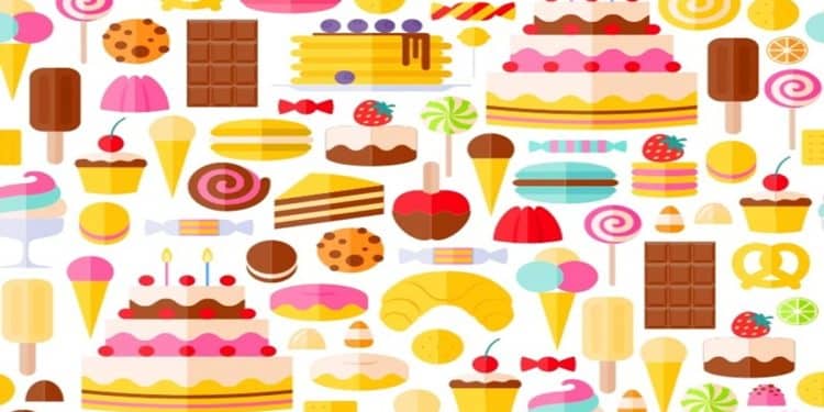 Teste visual com diversos doces e sobremesas como bolo, sorvete, chocolate e cupcakes.