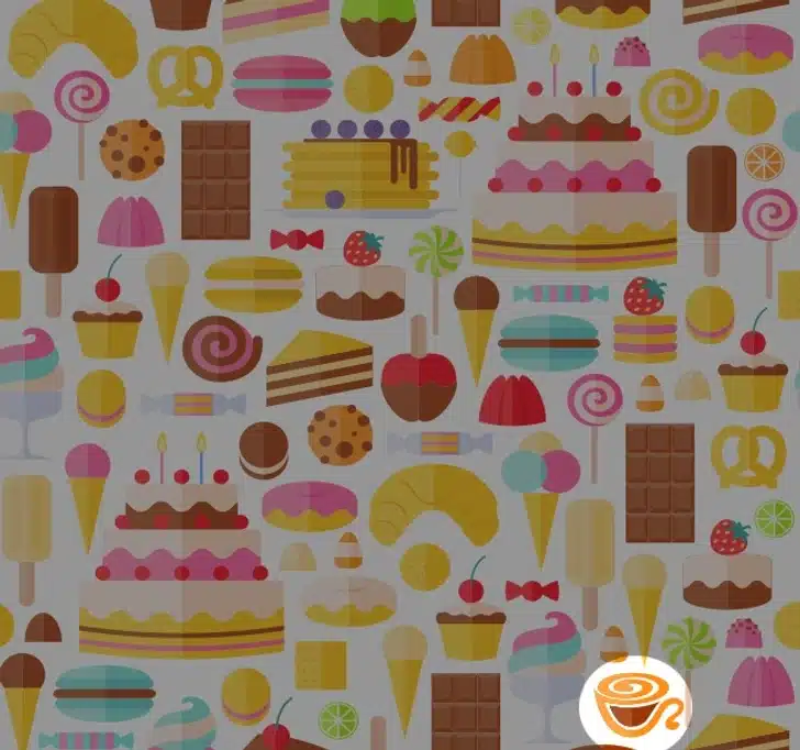 Encontre a xícara de café neste padrão colorido de doces e sobremesas variadas Teste visual com diversos doces e sobremesas como bolo, sorvete, chocolate e cupcakes.