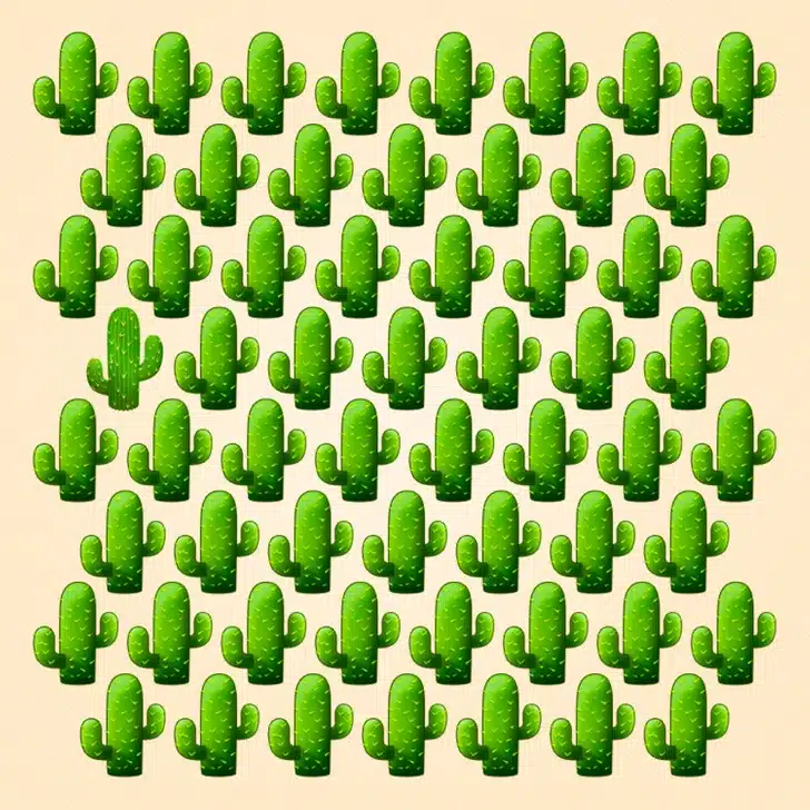 Teste visual com vários cactos verdes organizados em padrão sobre fundo bege claro.