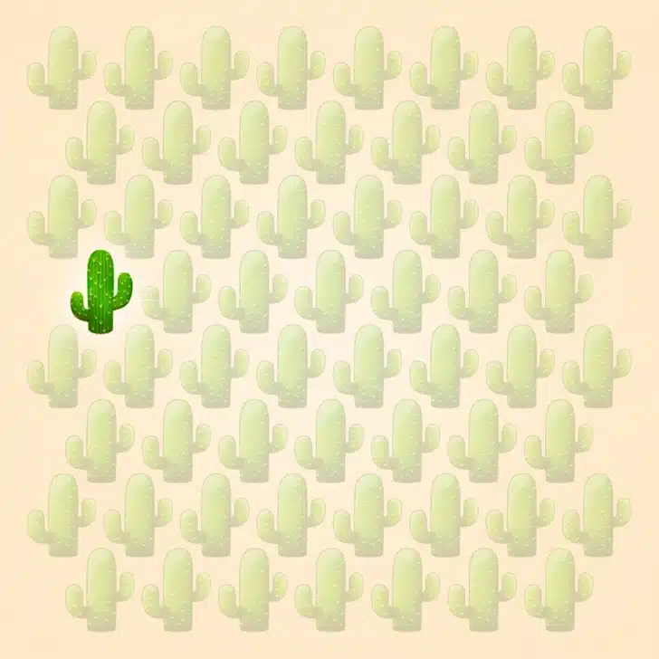 Teste visual com vários cactos verdes organizados em padrão sobre fundo bege claro.