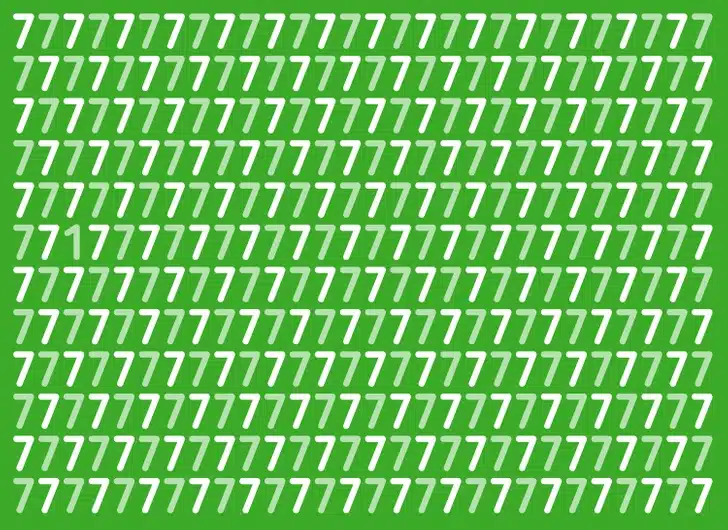 Teste visual com vários números 7 verdes e um número 1 escondido entre eles